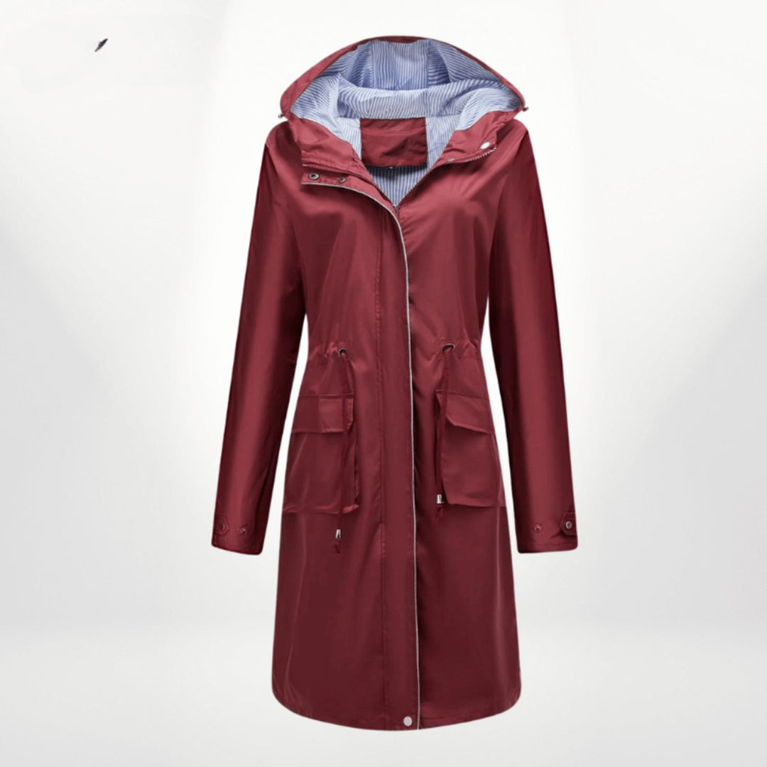 Women's Waterproof Hooded Midi Trench Coat Adjustable Waist