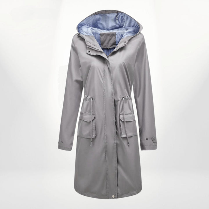 Women's Waterproof Hooded Midi Trench Coat Adjustable Waist