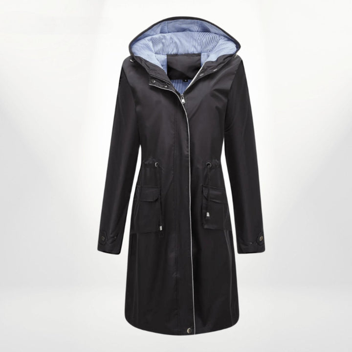 Women's Waterproof Hooded Midi Trench Coat Adjustable Waist