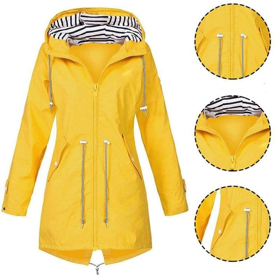 Womens Waterproof Hooded Trench Coat Drawstring Rain Jacket