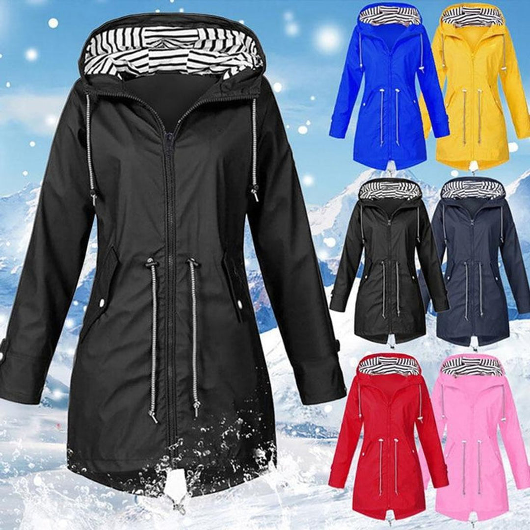 Womens Waterproof Hooded Trench Coat Drawstring Rain Jacket