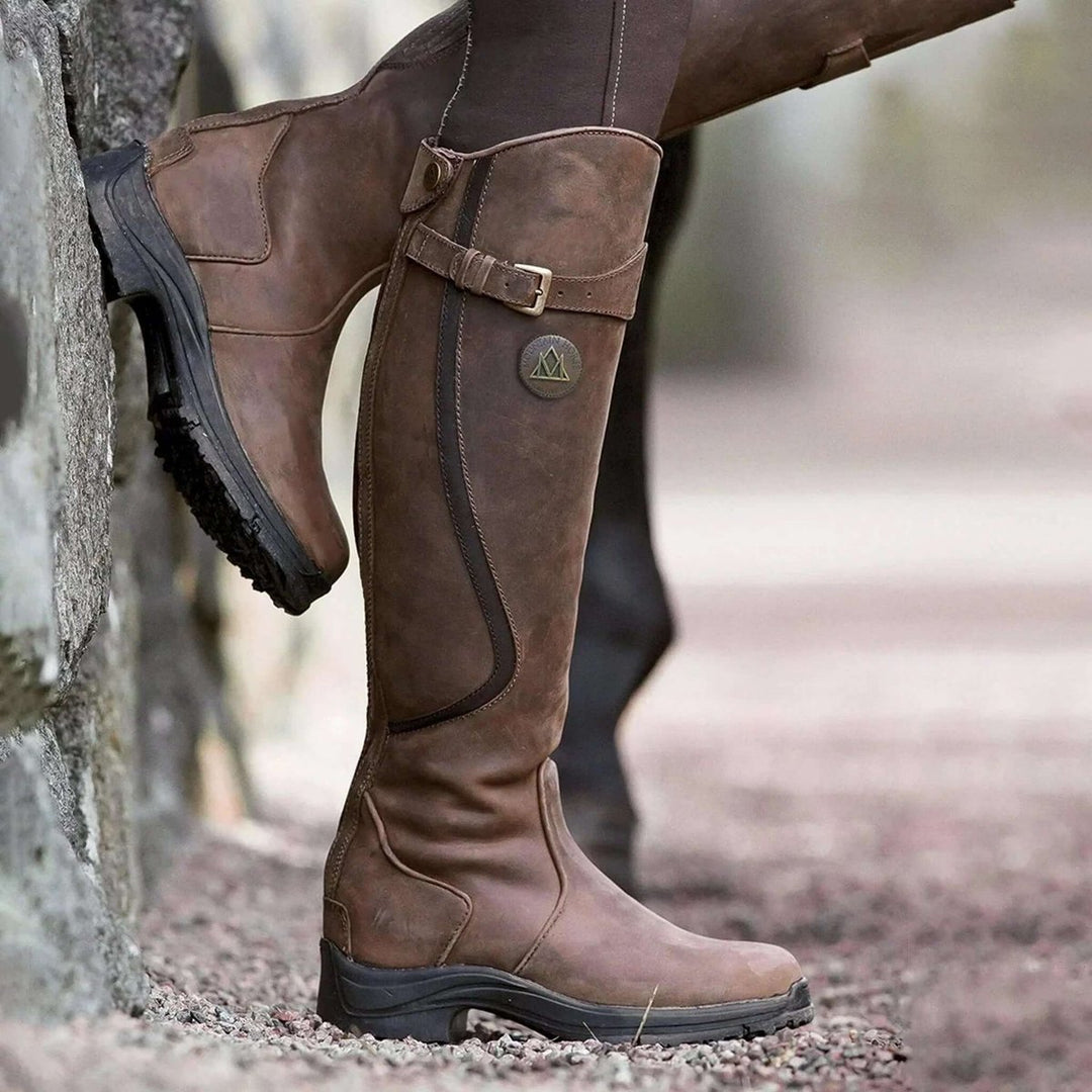 Women's Waterproof Knee-High Leather Riding Boots Buckle Detail