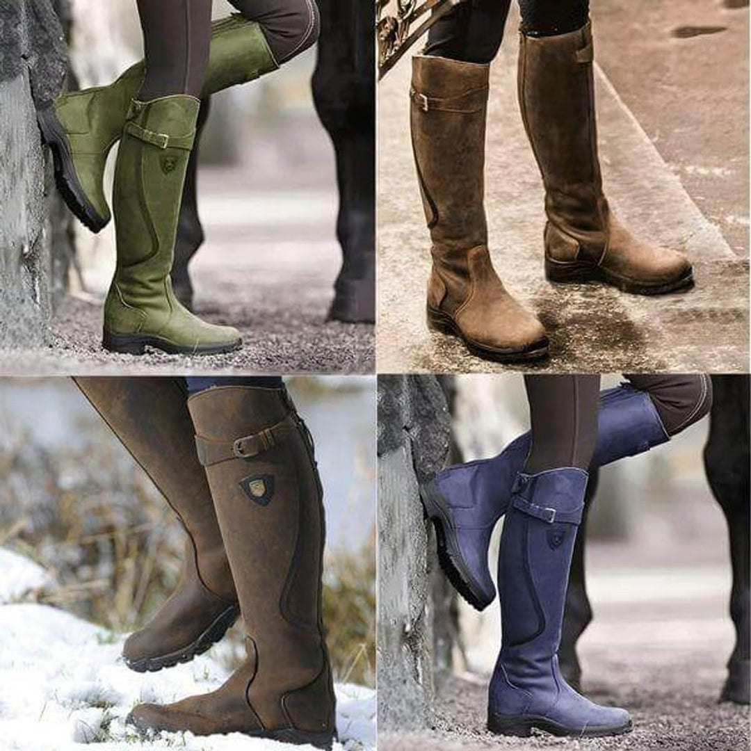 Women's Waterproof Knee-High Leather Riding Boots Buckle Detail