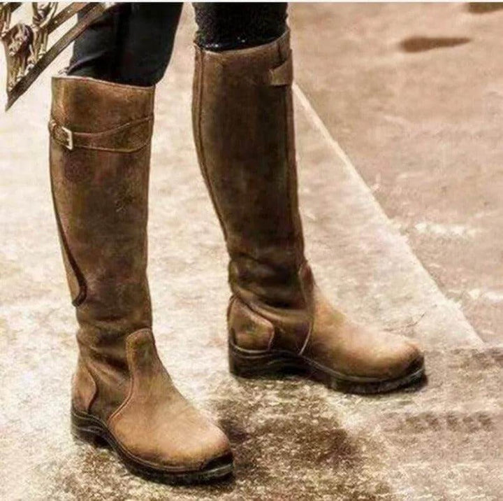 Women's Waterproof Knee-High Leather Riding Boots Buckle Detail
