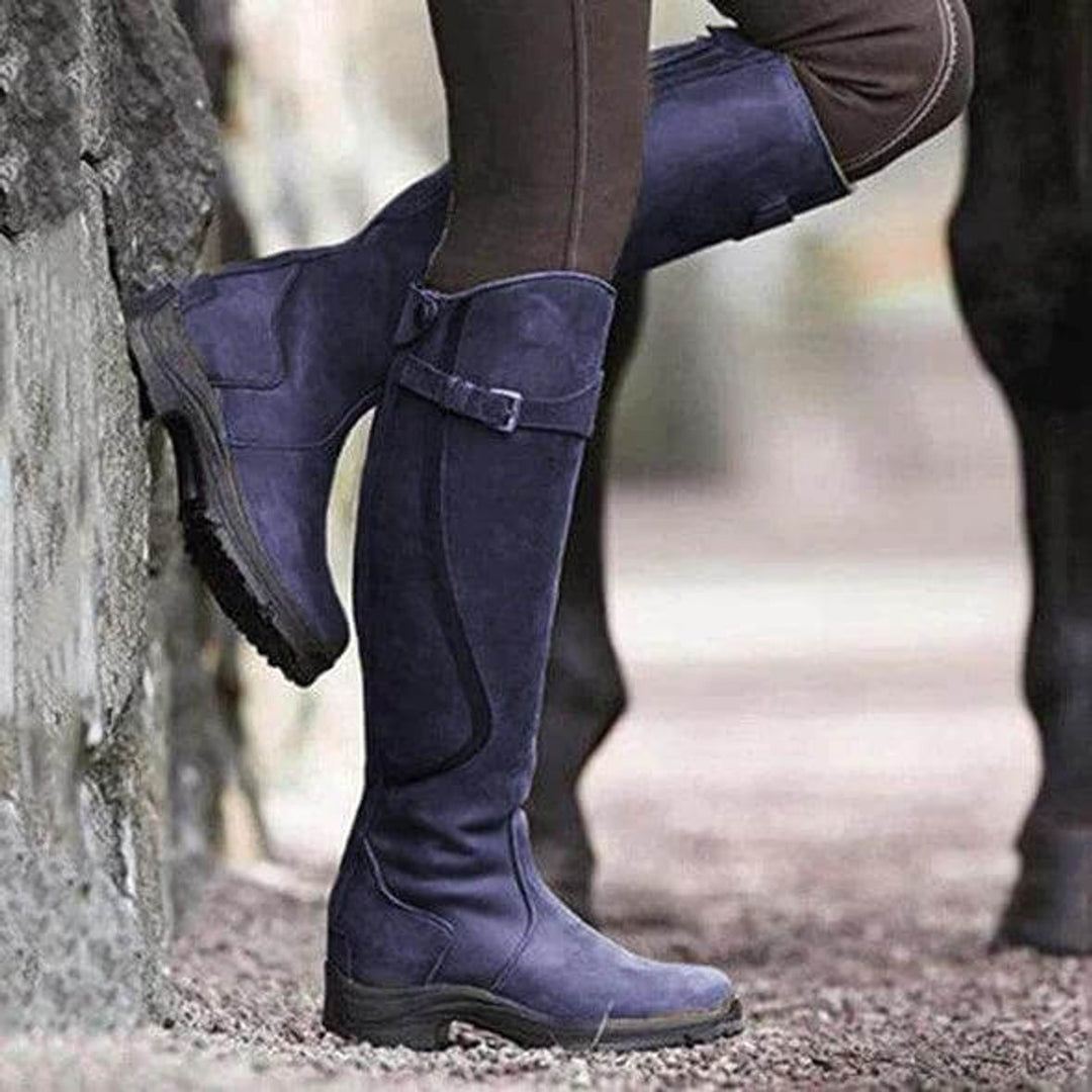 Women's Waterproof Knee-High Leather Riding Boots Buckle Detail