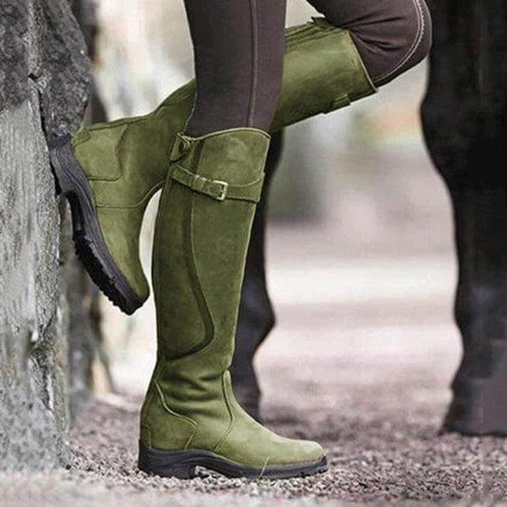 Women's Waterproof Knee-High Leather Riding Boots Buckle Detail