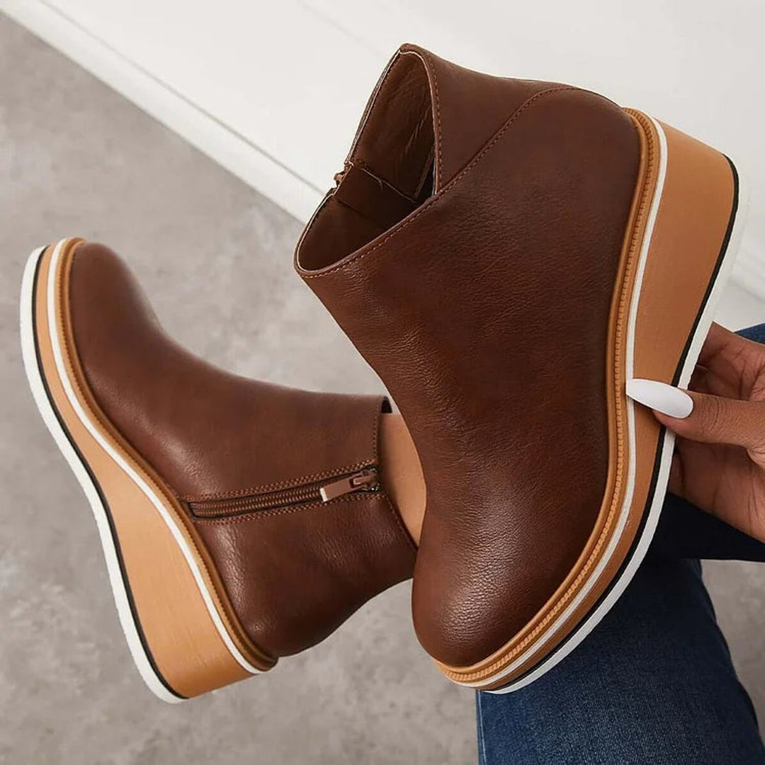 Women's Wedge Heel Chelsea Ankle Boots Side-Zip Leather-Look - Dark Brown