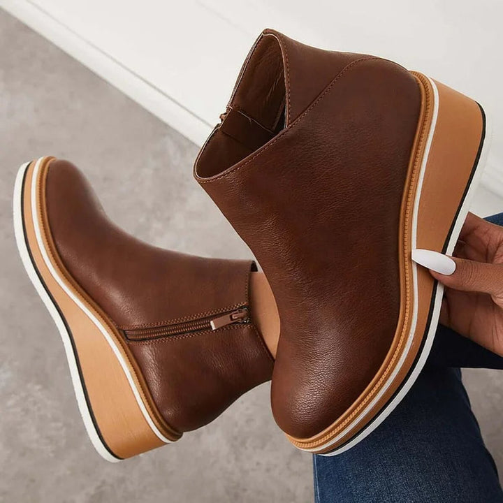 Women's Wedge Heel Chelsea Ankle Boots Side-Zip Leather-Look - Dark Brown