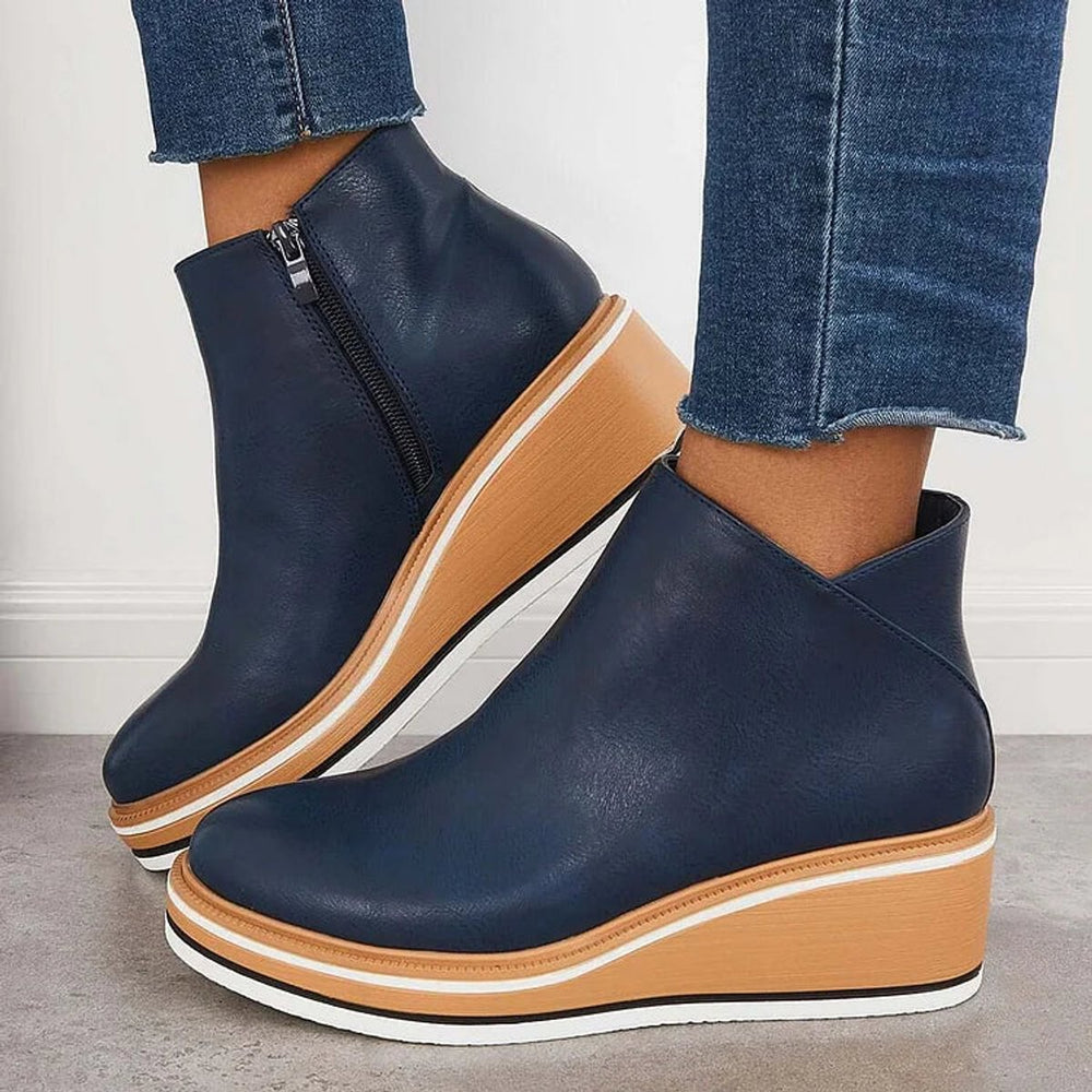 Women's Wedge Heel Chelsea Ankle Boots Side-Zip Leather-Look