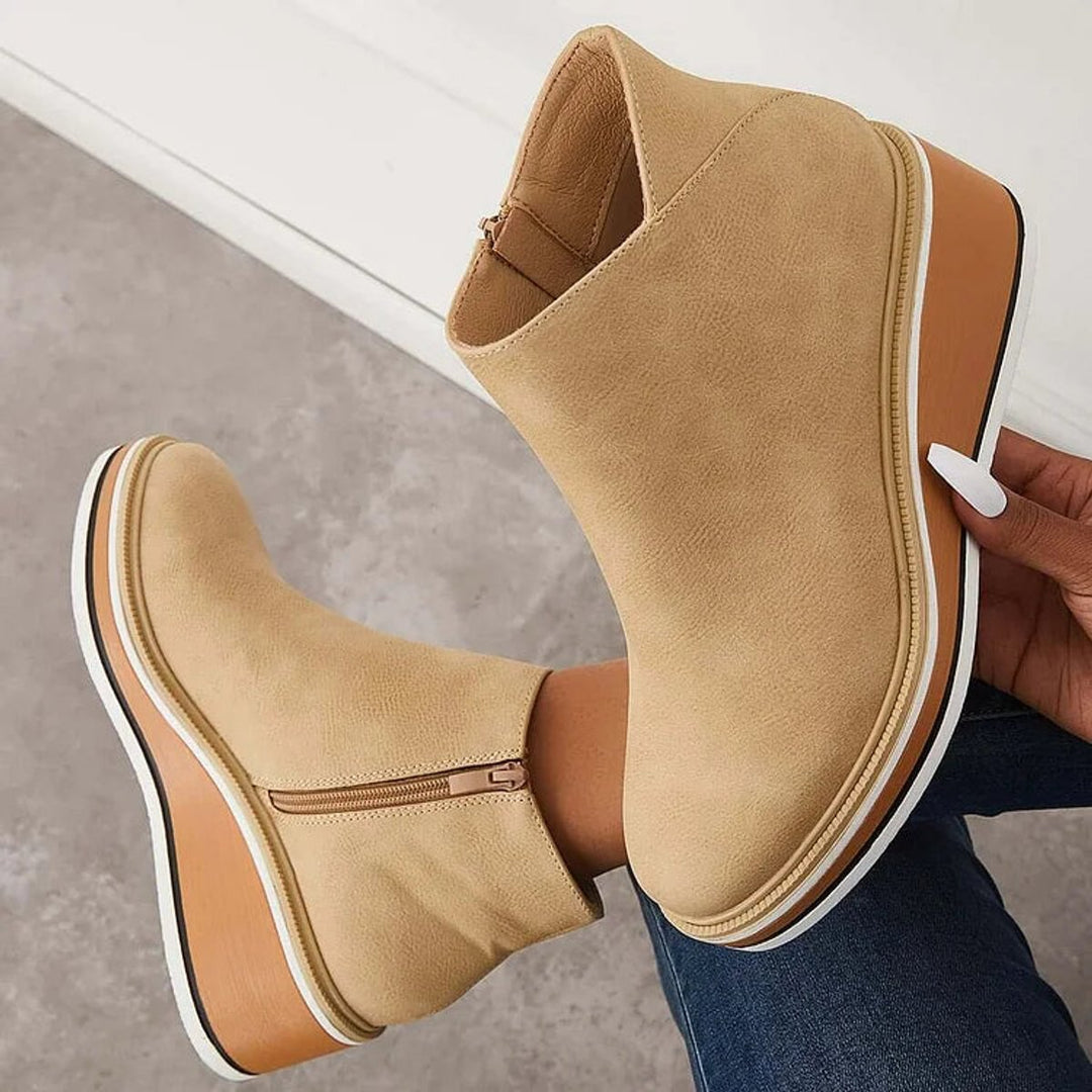 Women's Wedge Heel Chelsea Ankle Boots Side-Zip Leather-Look
