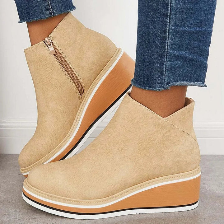 Women's Wedge Heel Chelsea Ankle Boots Side-Zip Leather-Look