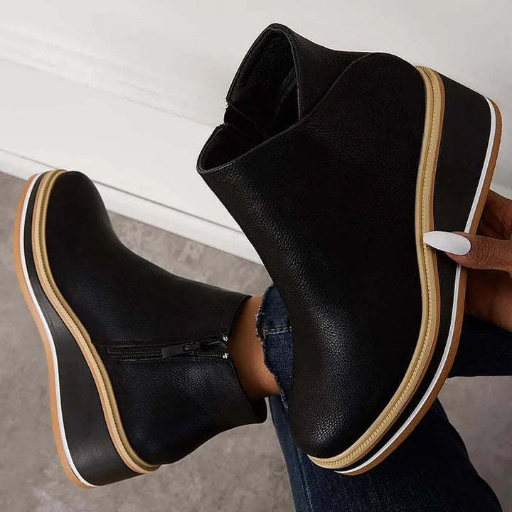 Women's Wedge Heel Chelsea Ankle Boots Side-Zip Leather-Look - Black