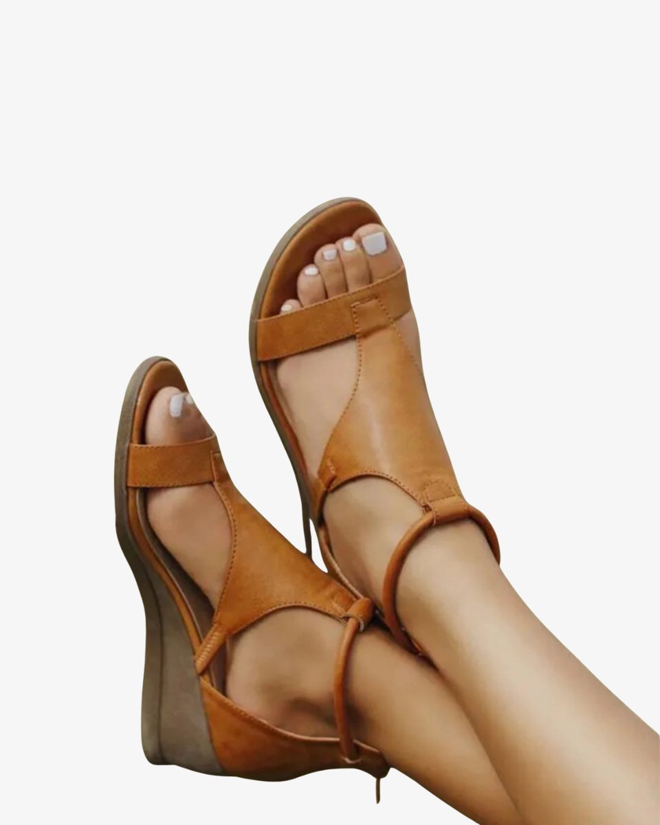 Women's Wedge Heeled Sandals Ankle Strap Open Toe Leather Look