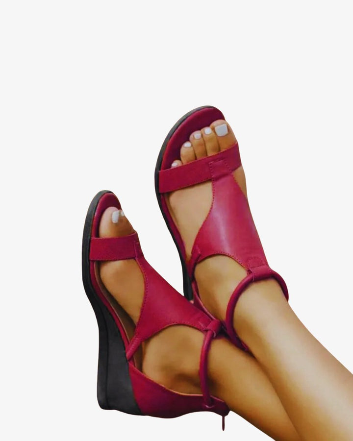 Women's Wedge Heeled Sandals Ankle Strap Open Toe Leather Look
