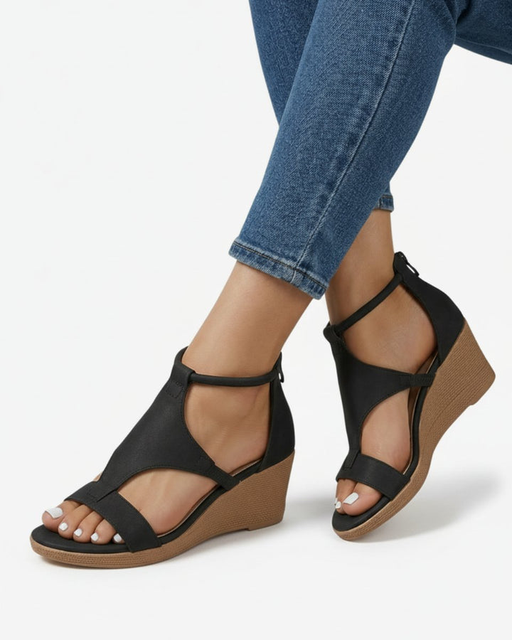Women's Wedge Heeled Sandals Ankle Strap Open Toe Leather Look