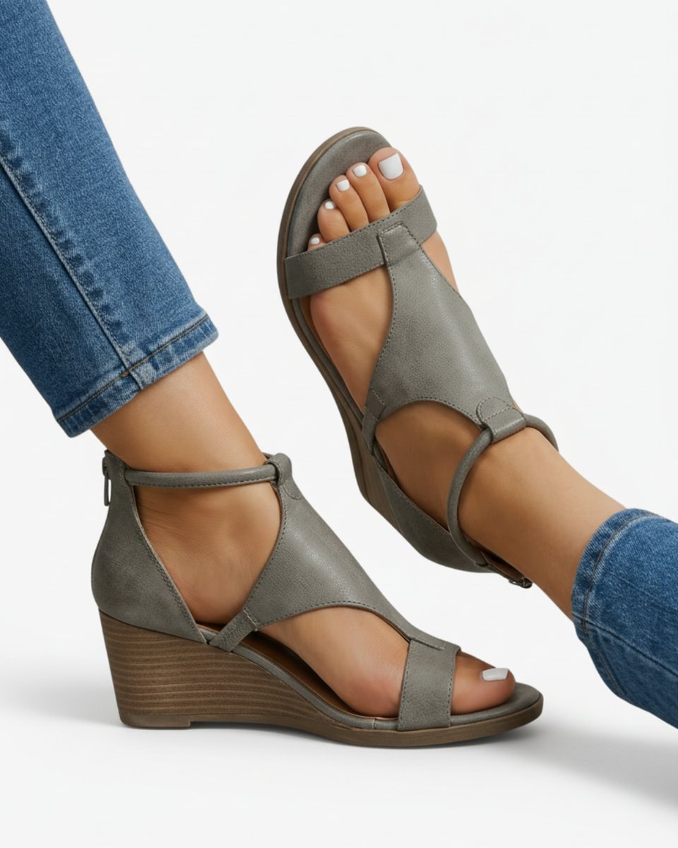 Women's Wedge Heeled Sandals Ankle Strap Open Toe Leather Look