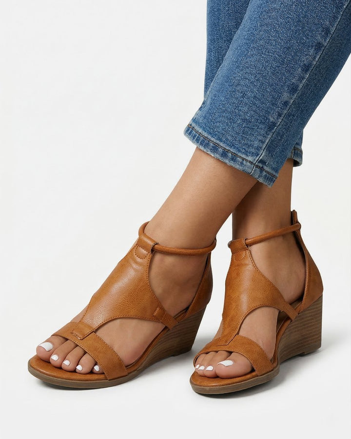 Women's Wedge Heeled Sandals Ankle Strap Open Toe Leather Look