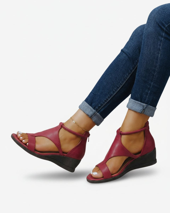 Women's Wedge Heeled Sandals Ankle Strap Open Toe Leather Look