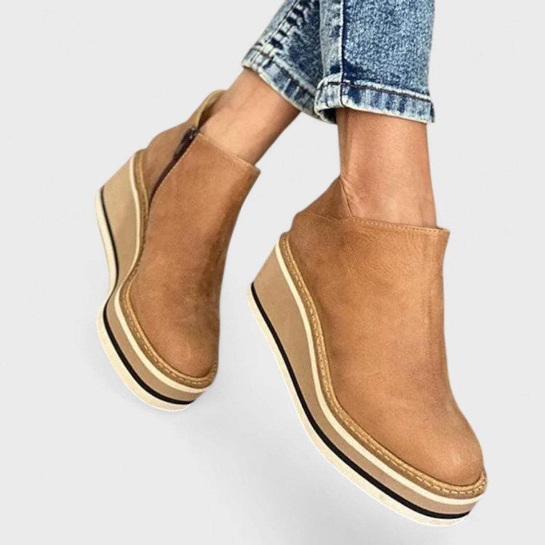 Women's Wedge Platform Heeled Ankle Boots Zip-Up - Khaki