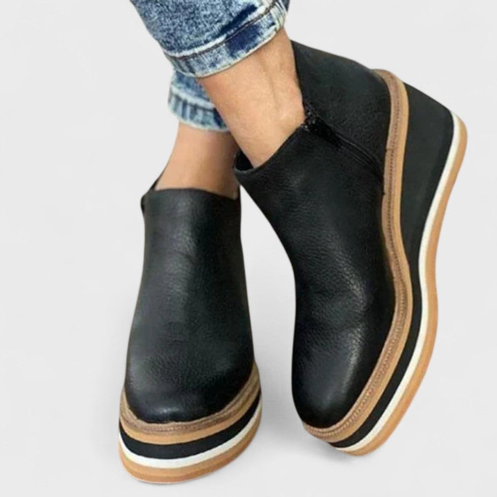 Women's Wedge Platform Heeled Ankle Boots Zip-Up - Black