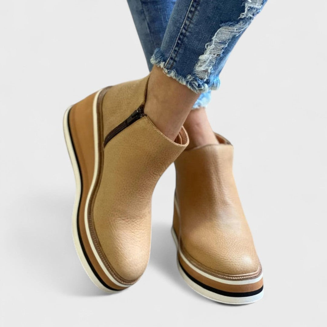 Women's Wedge Platform Heeled Ankle Boots Zip-Up - Beige