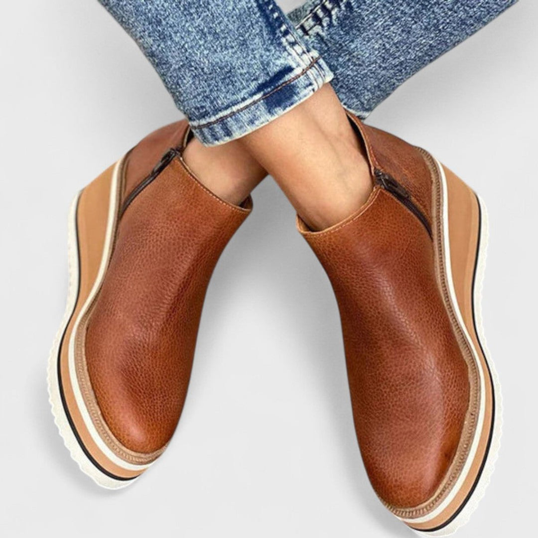 Women's Wedge Platform Heeled Ankle Boots Zip-Up - Brown