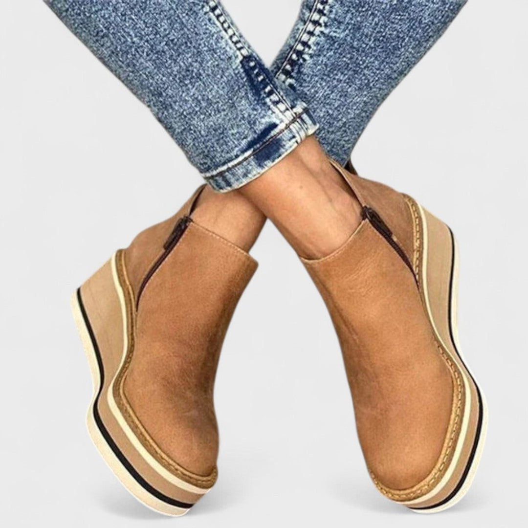 Women's Wedge Platform Heeled Ankle Boots Zip-Up