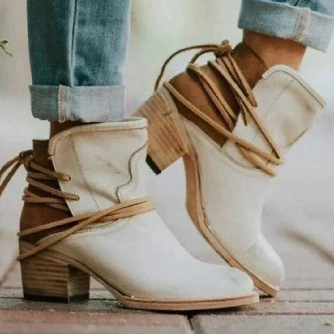 Women's Western Block-Heel Ankle Boots Wrap Lace-Up Stacked Heel - Cream