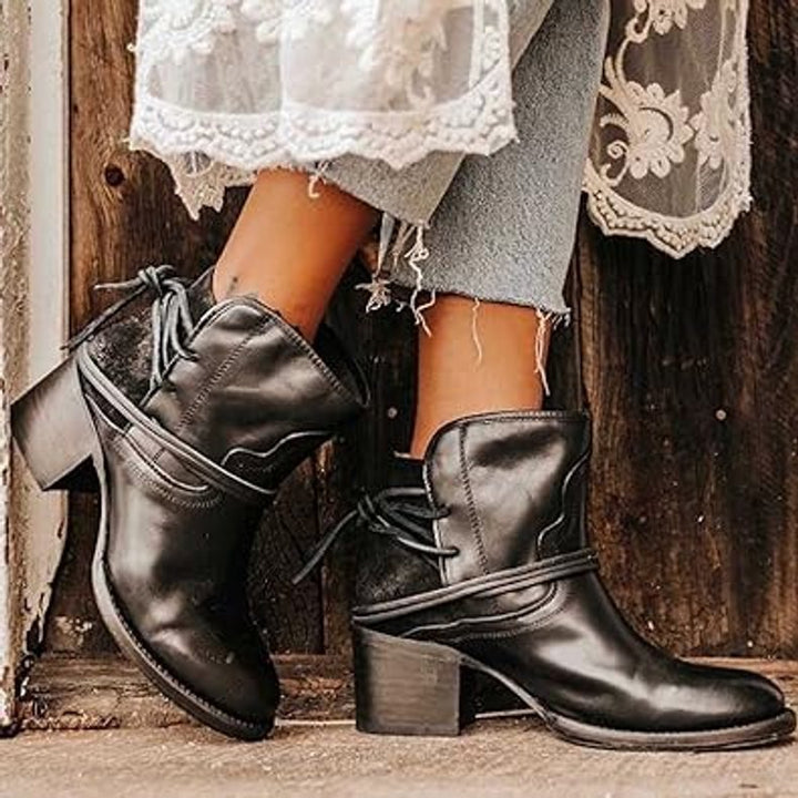 Women's Western Block-Heel Ankle Boots Wrap Lace-Up Stacked Heel - Black