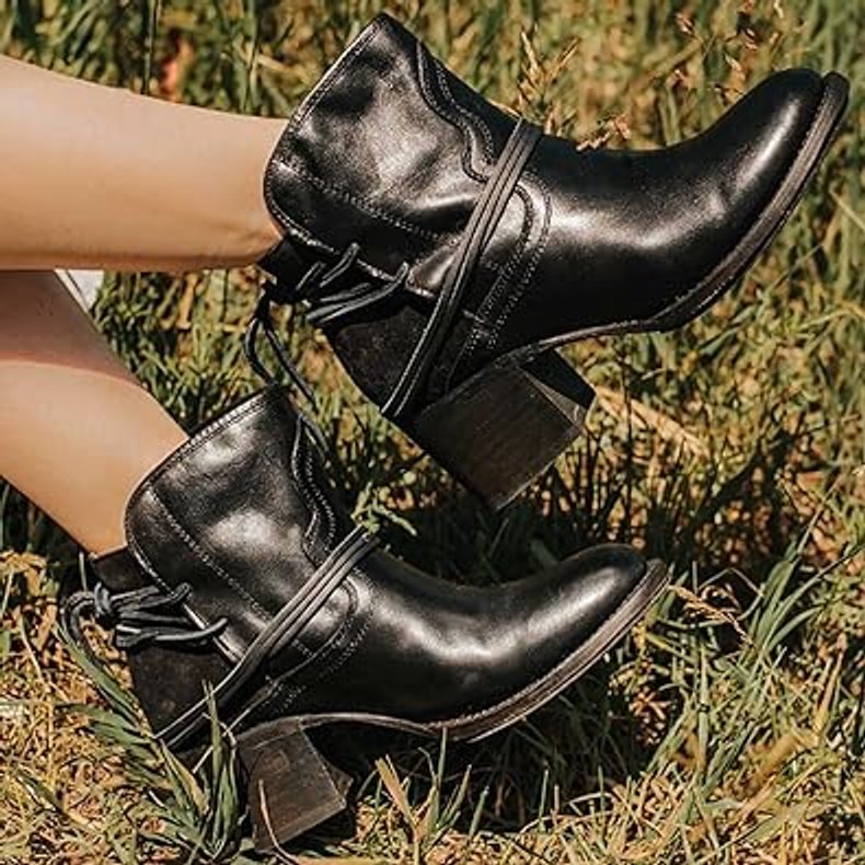 Women's Western Block-Heel Ankle Boots Wrap Lace-Up Stacked Heel
