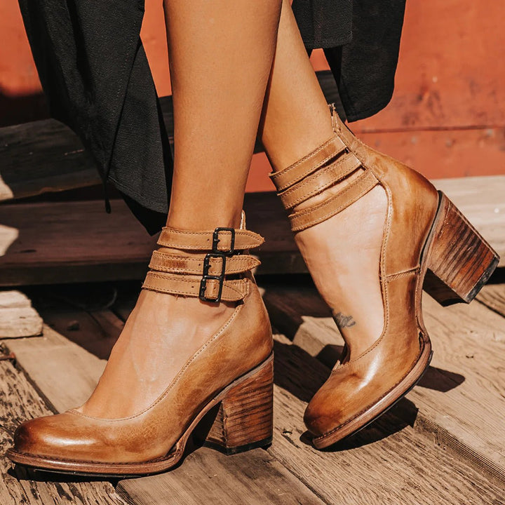 Women's Western Leather Block-Heel Ankle Boots Double Buckle Strap