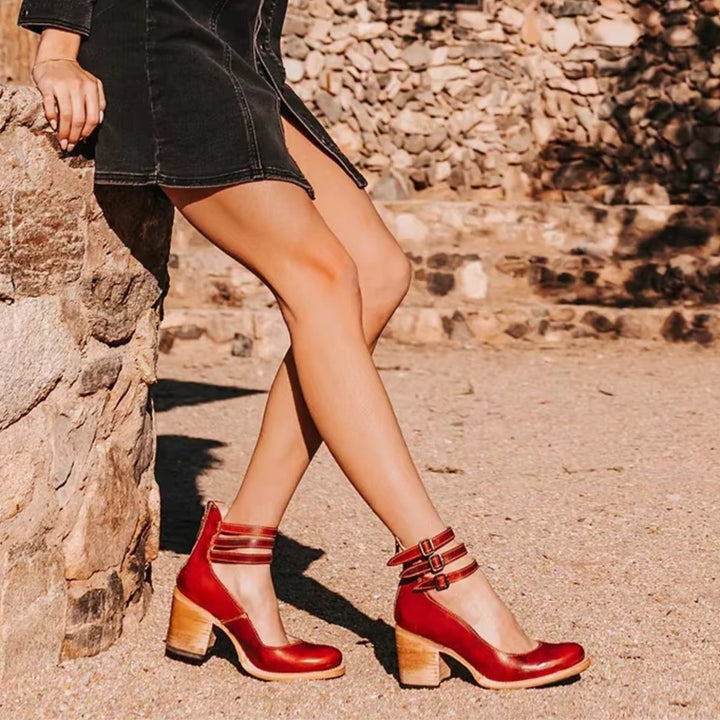 Women's Western Leather Block-Heel Ankle Boots Double Buckle Strap