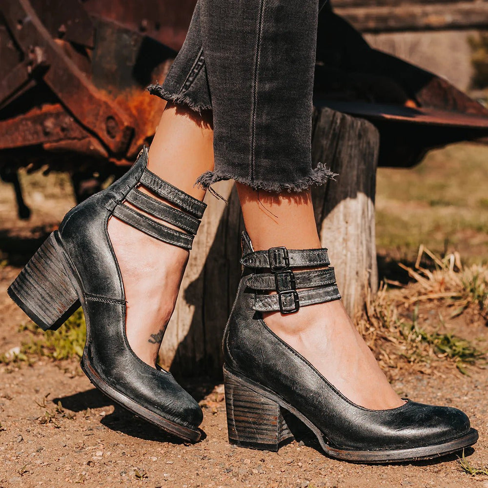 Women's Western Leather Block-Heel Ankle Boots Double Buckle Strap