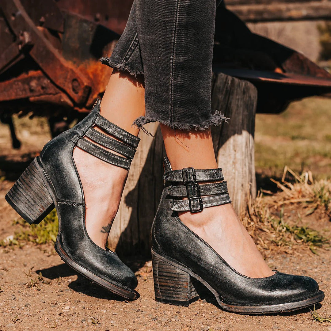 Women's Western Leather Block-Heel Ankle Boots Double Buckle Strap