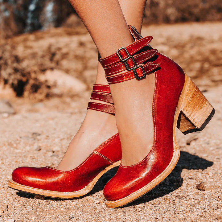 Women's Western Leather Block-Heel Ankle Boots Double Buckle Strap