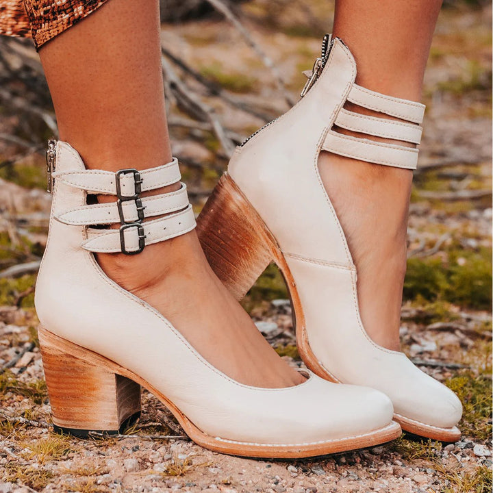 Women's Western Leather Block-Heel Ankle Boots Double Buckle Strap