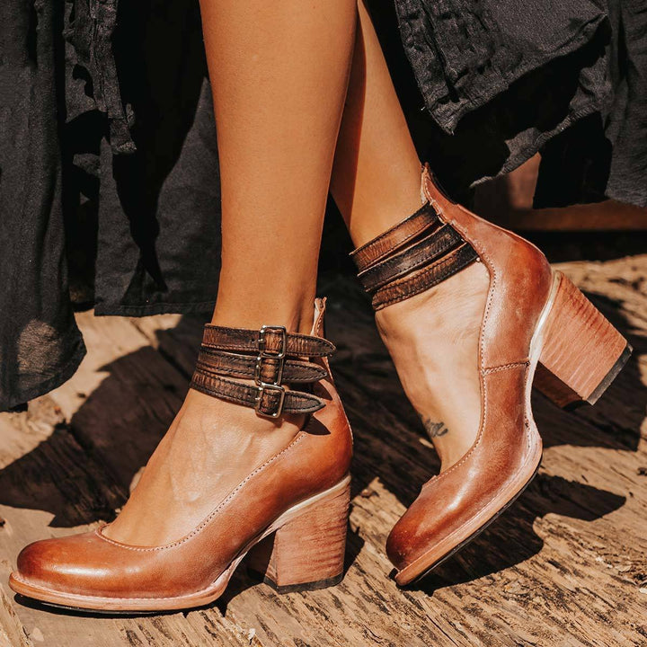 Women's Western Leather Block-Heel Ankle Boots Double Buckle Strap