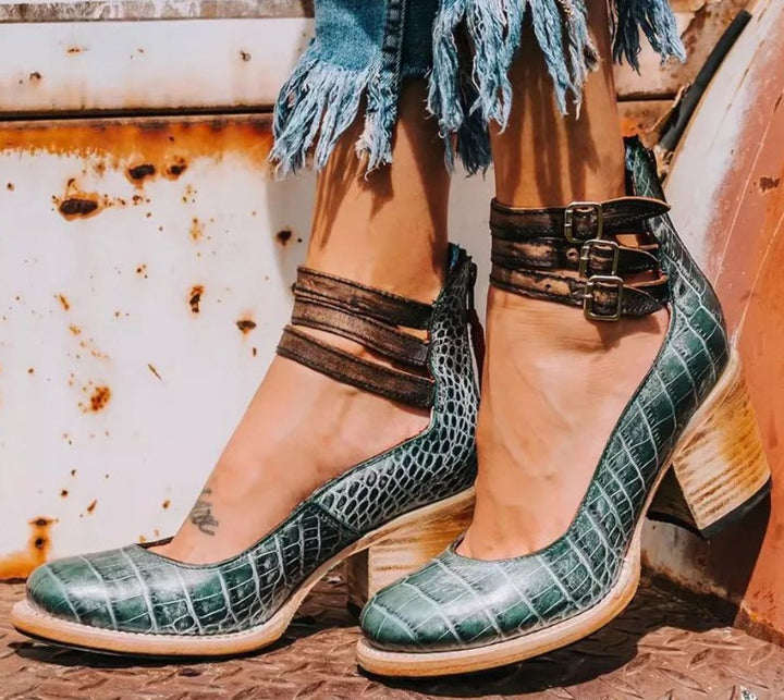 Women's Western Leather Block-Heel Ankle Boots Double Buckle Strap