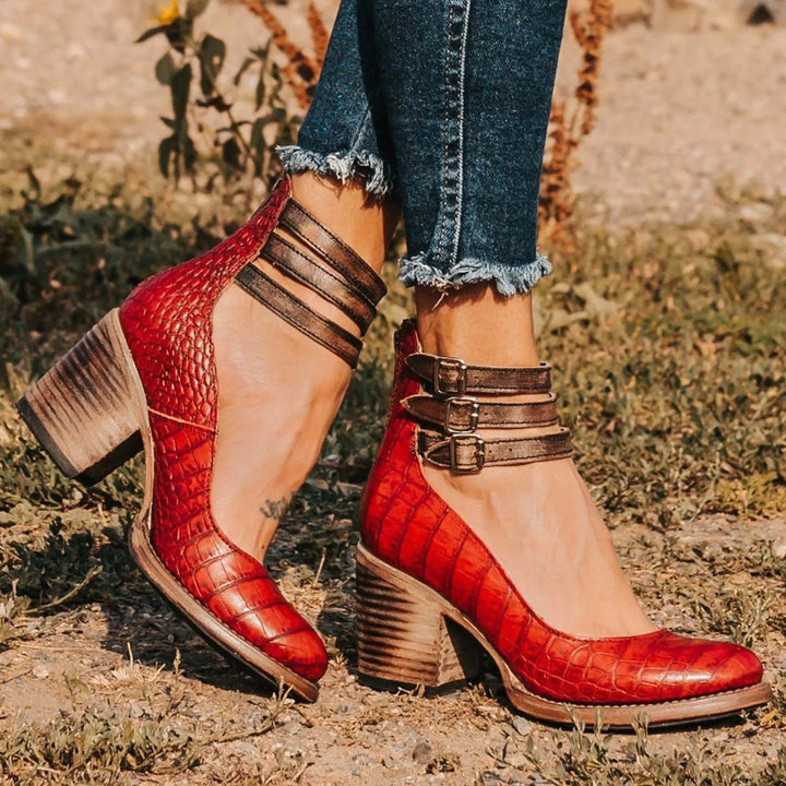 Women's Western Leather Block-Heel Ankle Boots Double Buckle Strap