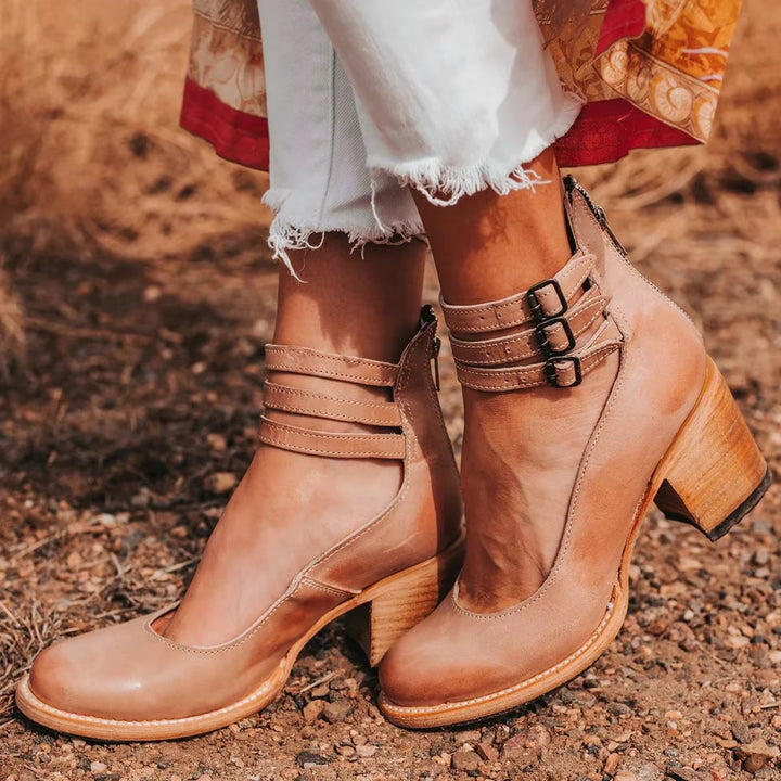 Women's Western Leather Block-Heel Ankle Boots Double Buckle Strap