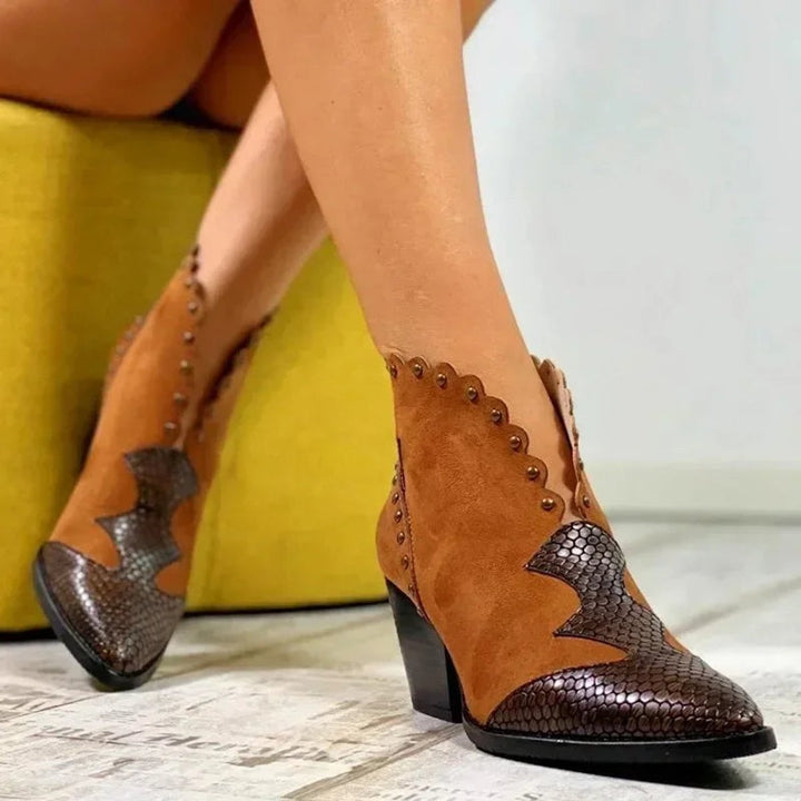 Women's Western Pointed-Toe Block-Heel Ankle Boots Studded Suede