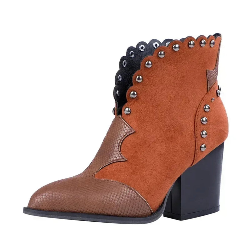 Women's Western Pointed-Toe Block-Heel Ankle Boots Studded Suede