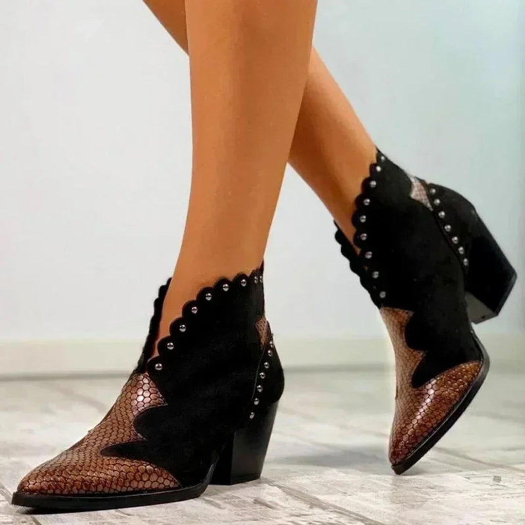 Women's Western Pointed-Toe Block-Heel Ankle Boots Studded Suede
