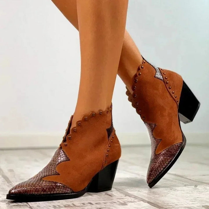 Women's Western Pointed-Toe Block-Heel Ankle Boots Studded Suede