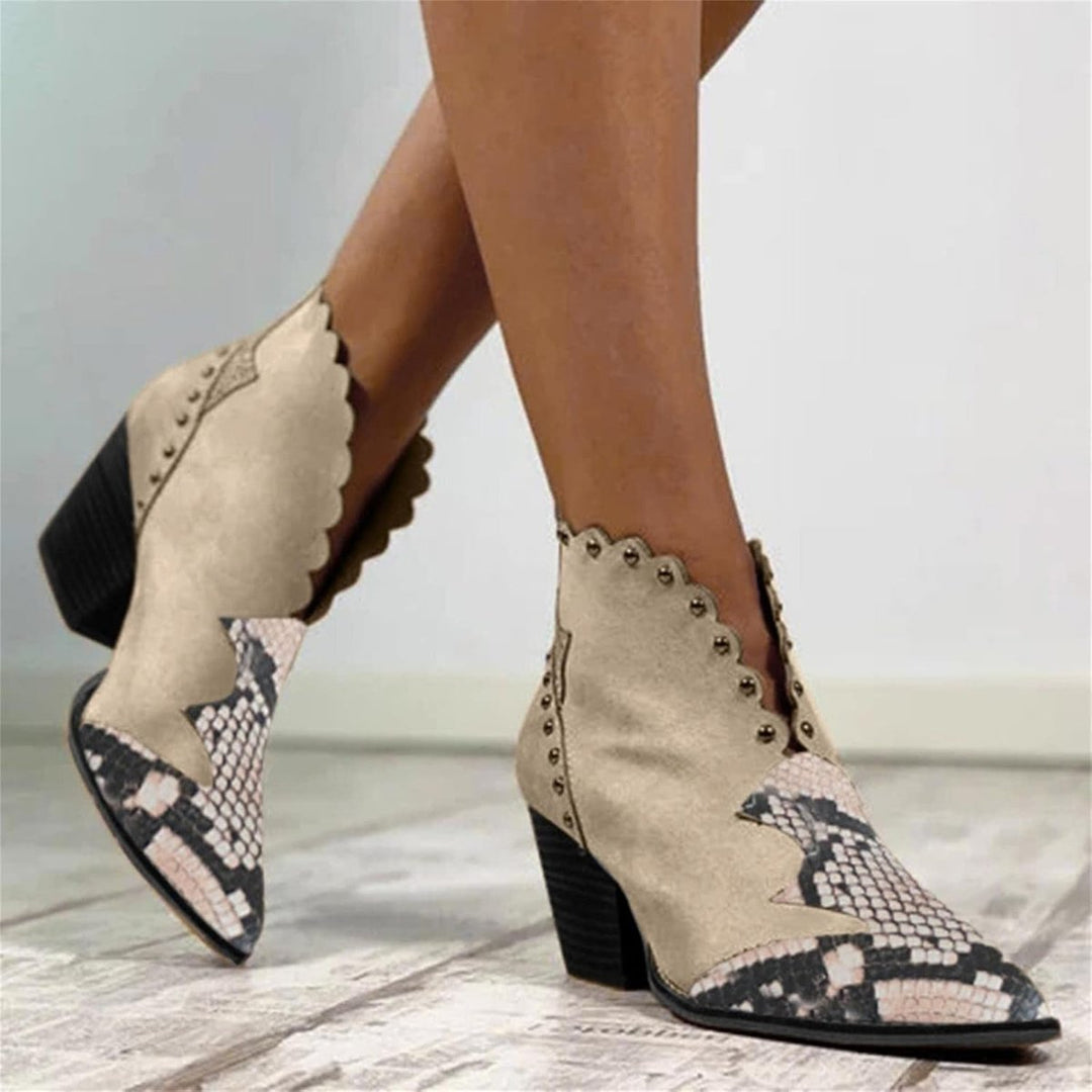Women's Western Pointed-Toe Block-Heel Ankle Boots Studded Suede