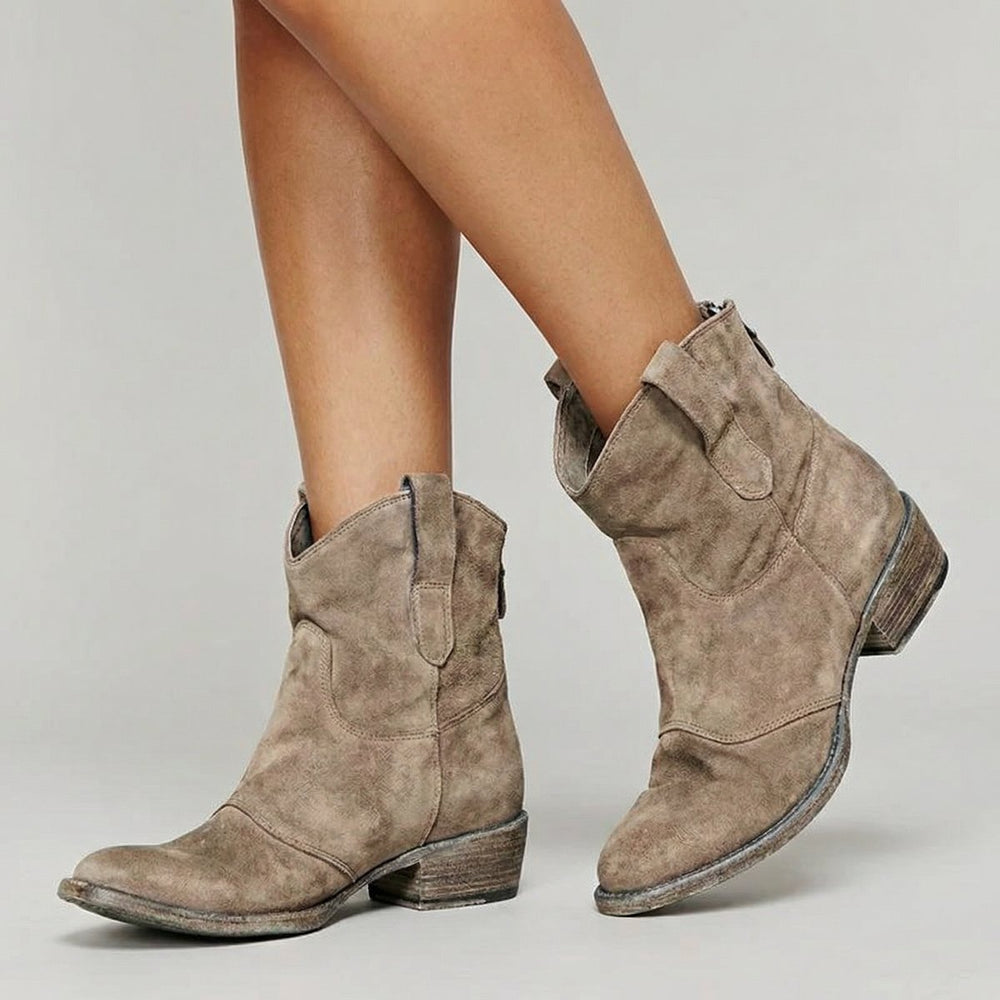 Women's Western Pointed-Toe Leather-Look Heeled Ankle Boots