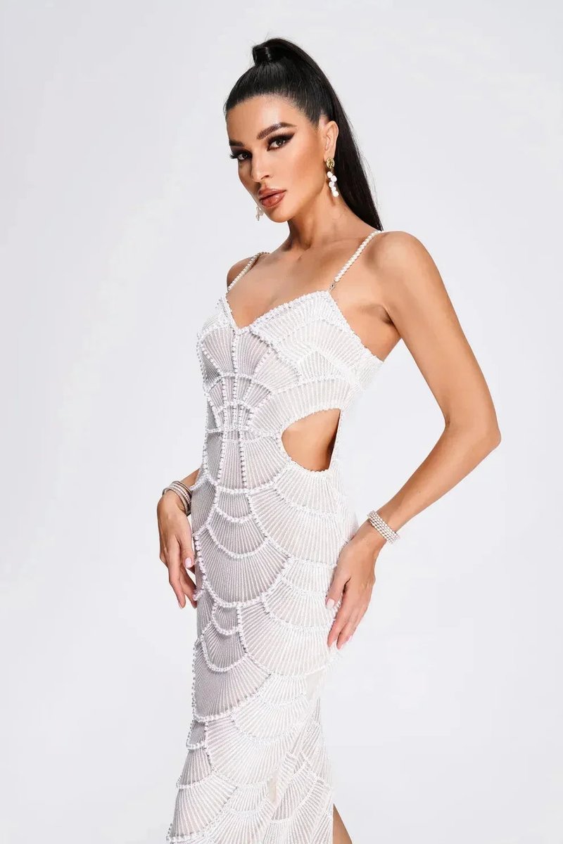Women's White Beaded Scallop Knitted Midi Party Dress Cut-Out
