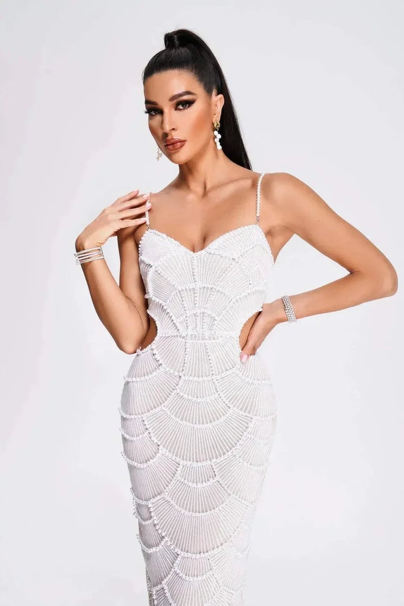Women's White Beaded Scallop Knitted Midi Party Dress Cut-Out