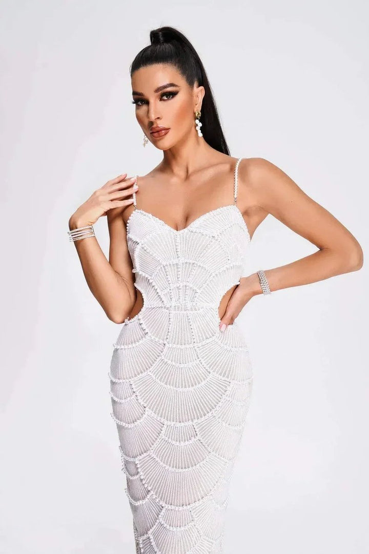 Women's White Beaded Scallop Knitted Midi Party Dress Cut-Out