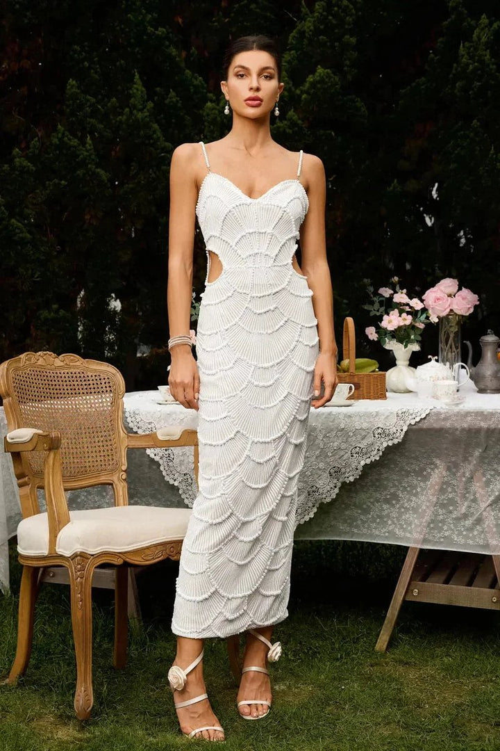 Women's White Beaded Scallop Knitted Midi Party Dress Cut-Out